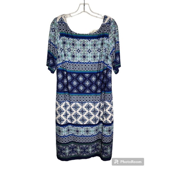 Eliza J Geo Striped Shift Dress Blue Stretchy Lined Size 14W NWT - Picture 3 of 11